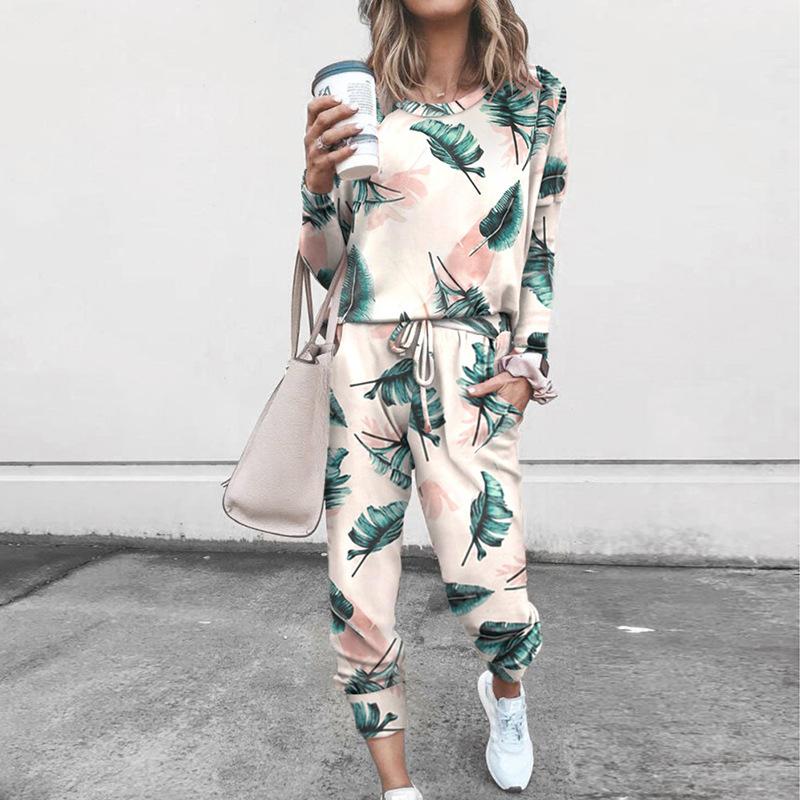 Women Causal Long Sleeve Printed Loose Tops and Pants Two-piece