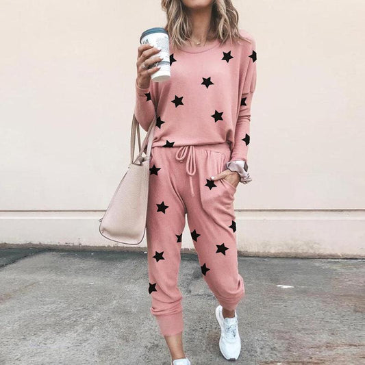 Women Causal Long Sleeve Printed Loose Tops and Pants Two-piece