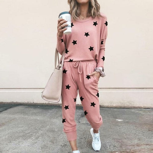 Women Causal Long Sleeve Printed Loose Tops and Pants Two-piece