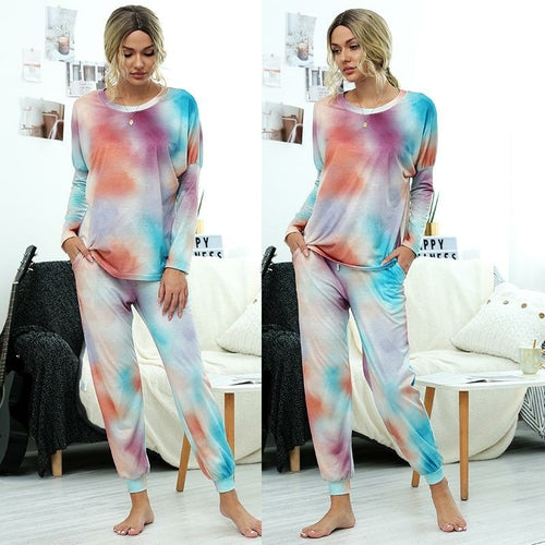 Women Causal Long Sleeve Printed Loose Tops and Pants Two-piece