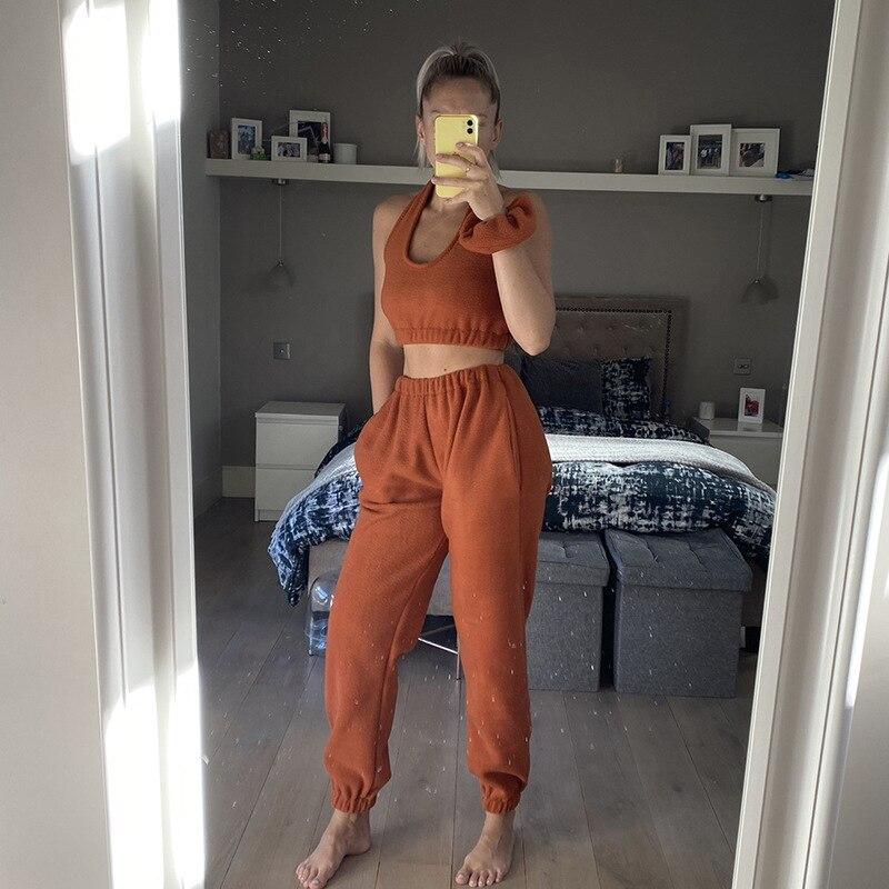 Summer Crop Top And High Waist Pants Black Casual Women Set