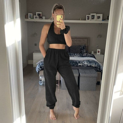 Summer Crop Top And High Waist Pants Black Casual Women Set