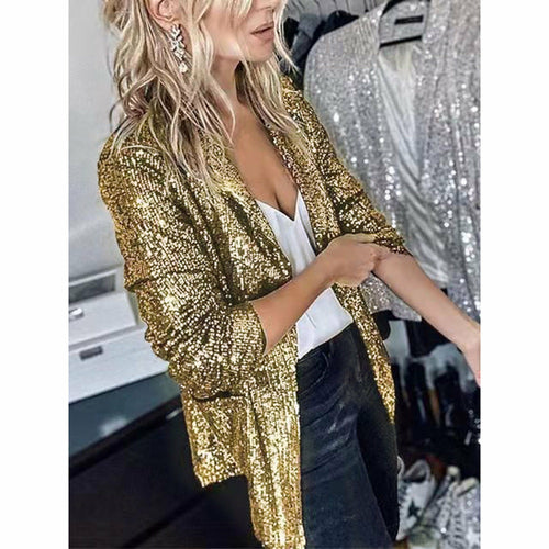 Fashionable Sequin Lapel Casual Blazer Jacket for Women